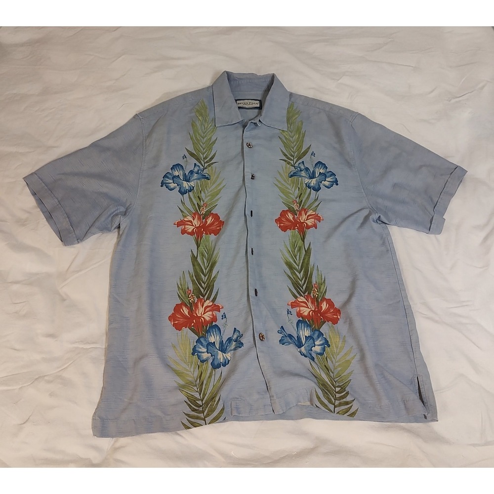 Hawaiian Blue Tropical Seven Palm 100% Silk But Aloha Shirt Sz Large Beach